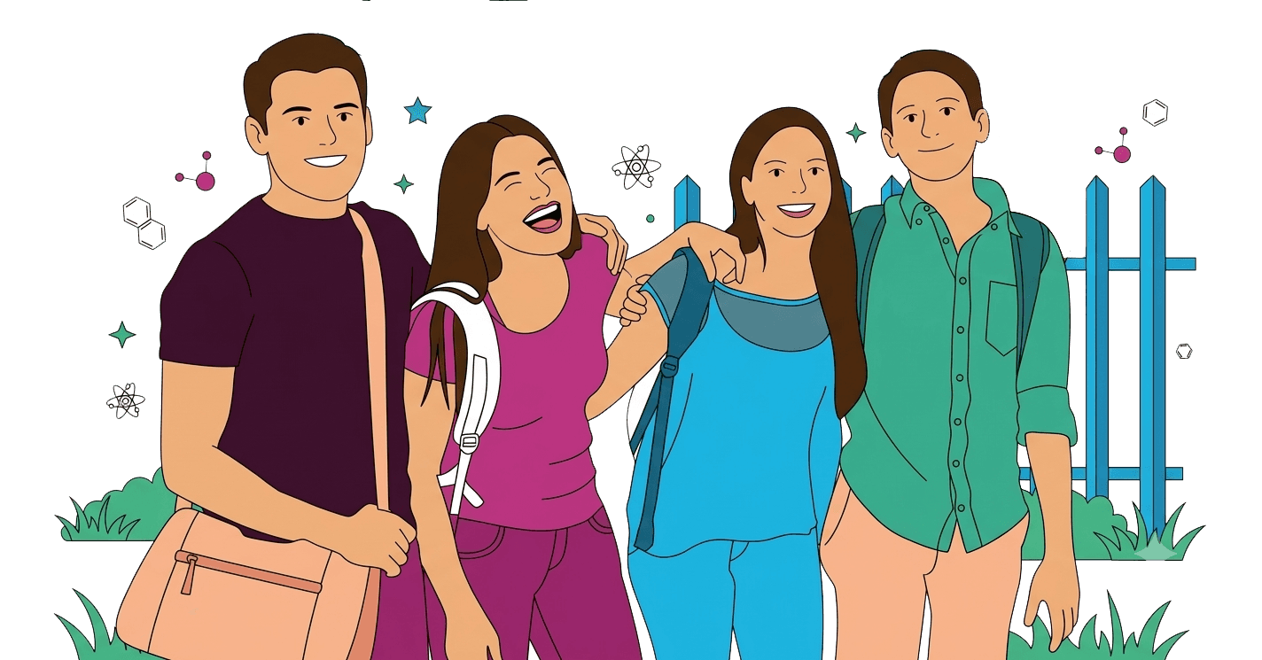 Ilustración de estudiantes frente a su escuela